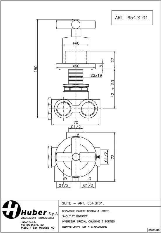 Huber Suite Inbouw 3-weg omsteller 654ST01HCR