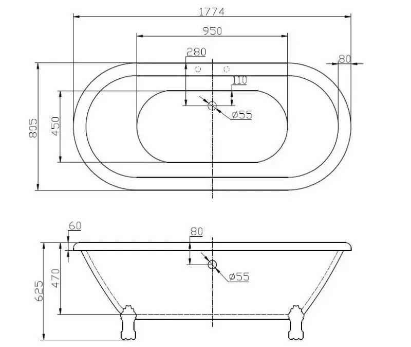 Blusani Classic nostalgisch vrijstaand bad 178x63 acryl BC09102