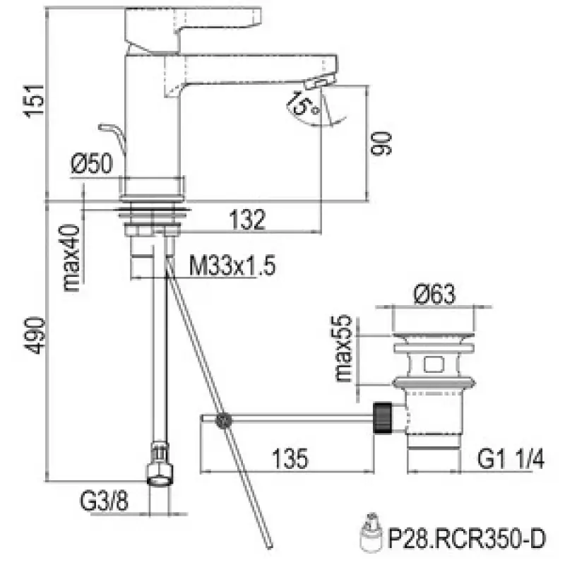Rubio Veneto wastafelkraan 130 met waste chroom R20650221