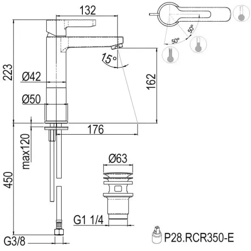 Rubio Veneto hoge wastafelkraan 223 met waste chroom R206503E21