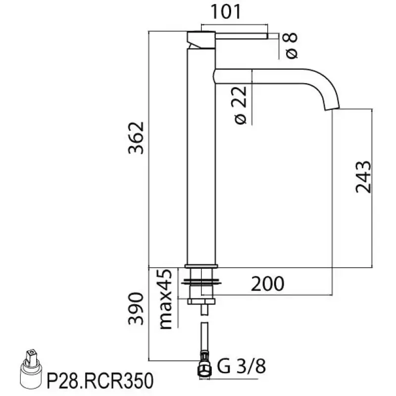 Rubio Roma verhoogde wastafelkraan 362 met waste chroom R20271321