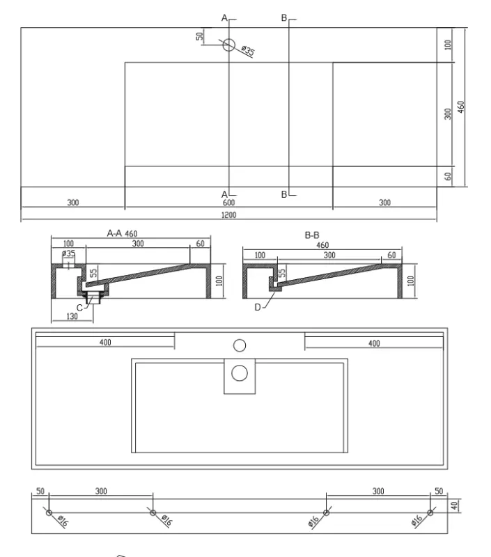 Solid-S Wall wastafel rechthoek mat wit B120xD46xH10cm geen kraangat 1207917212