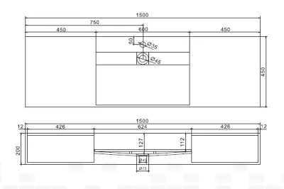 Solid-S Wall Special wastafel met kasten rechthoek mat wit B150xD45xH20cm zonder waste 1207917372