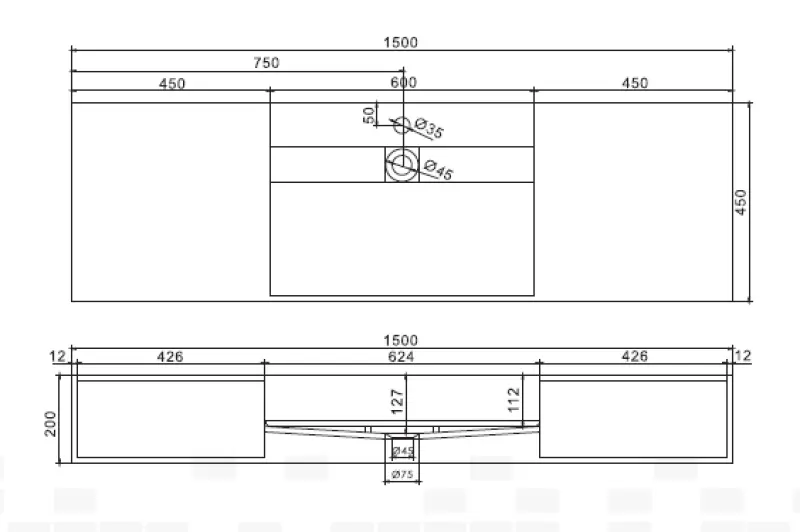Solid-S Wall Special wastafel met kasten rechthoek mat wit B150xD45xH20cm zonder waste 1207917372