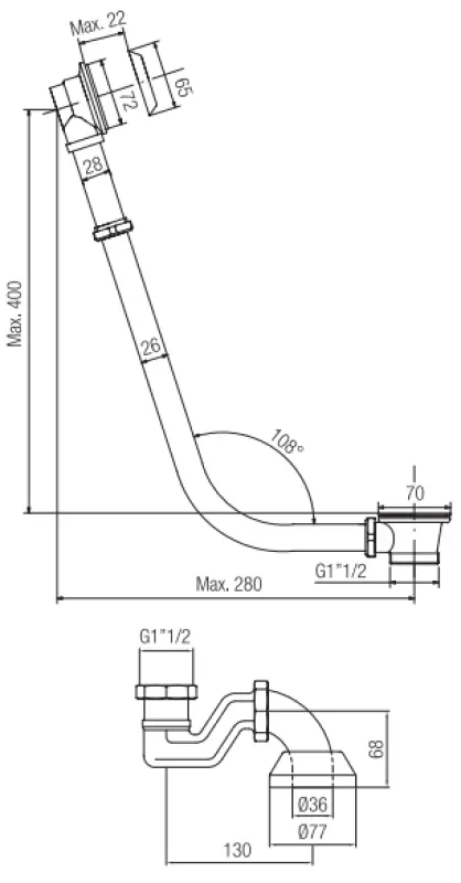 PB badafvoer met ketting voor vrijstaand bad brons 1208590152