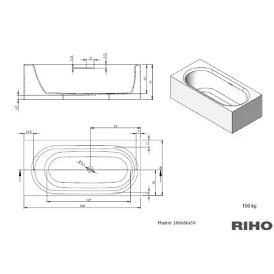 Riho Madrid vrijstaand ligbad 180x86x54 solid surface mat wit BS40005