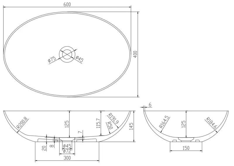 Solid-S Top opbouwwastafel ovaal mat wit B60xD40xH14.5cm 1208612652