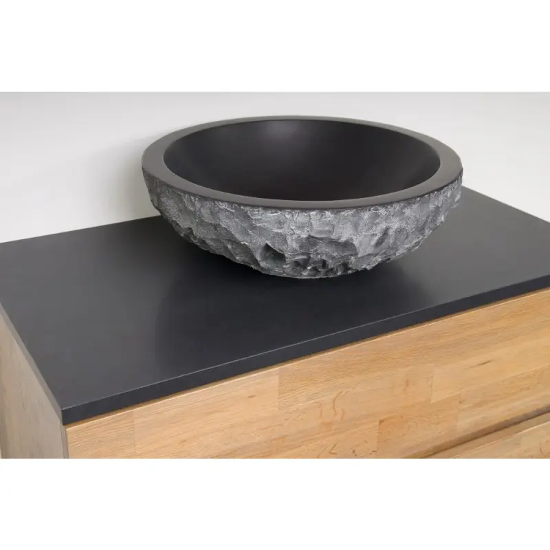 Stern Basalt opbouw rond natuursteen waskom 36cm zwart gehamerd SWCSHAM