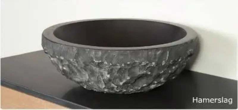 Stern Basalt opbouw rond natuursteen waskom 36cm zwart gehamerd SWCSHAM