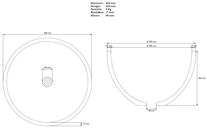 Solid-S opbouwwastafel kom mat wit D48xH30cm