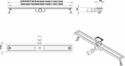 Design tegeldrain douchegoot volledig RVS met rvs flens en tegel te verwerken 70cm 1208790212