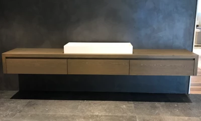TopLine massief eiken badmeubel met 3 laden greeploos 220cm - wang en topblad - kleur Greywash