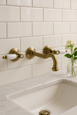 PB klassieke kraan inbouw muurkraan met witte hendels 16 cm uitloop Brons 1208854332