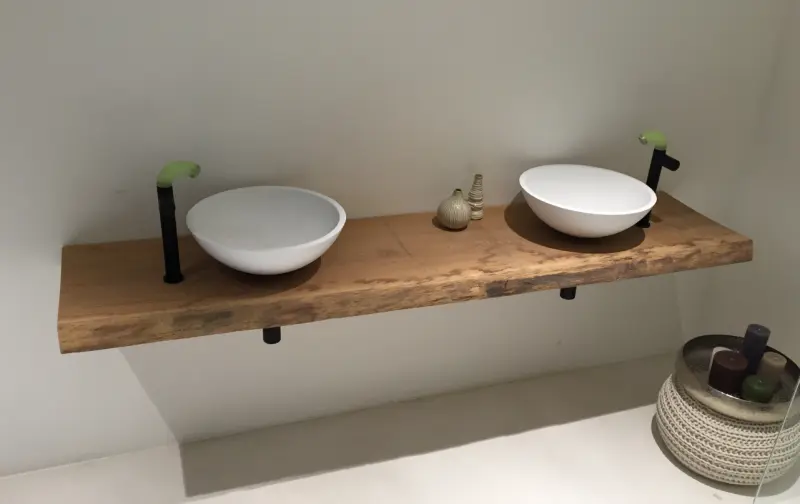 Boomstam wastafelblad massief eiken kleur naturel 100cm incl. verdekte bevestiging met beugels 1208855962