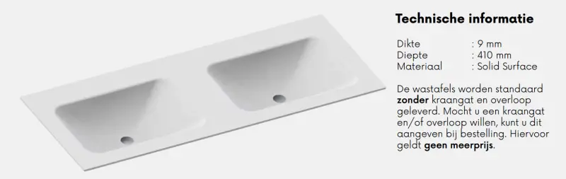 Solid-S Boston solid surface wastafel 130x41x0.9cm mat wit - 2 wasbakken 1208913742