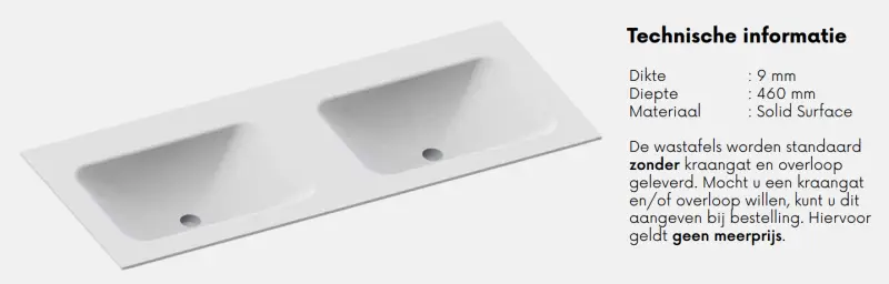 Solid-S Oregon solid surface vrijhangende wastafel 130x46x12cm mat wit - 2 wasbakken 1208913912