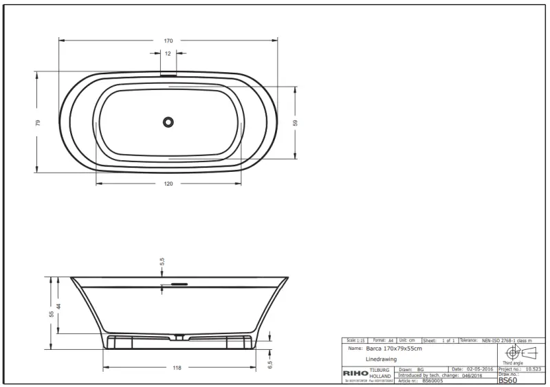 Riho Barca From Scratch vrijstaand bad 170x80 solid surface wit BS60005