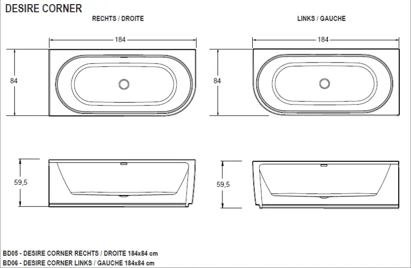 RIHO Desire Corner semi vrijstaand acryl bad links 180x84, wit, incl. pootset/badafvoer BD06
