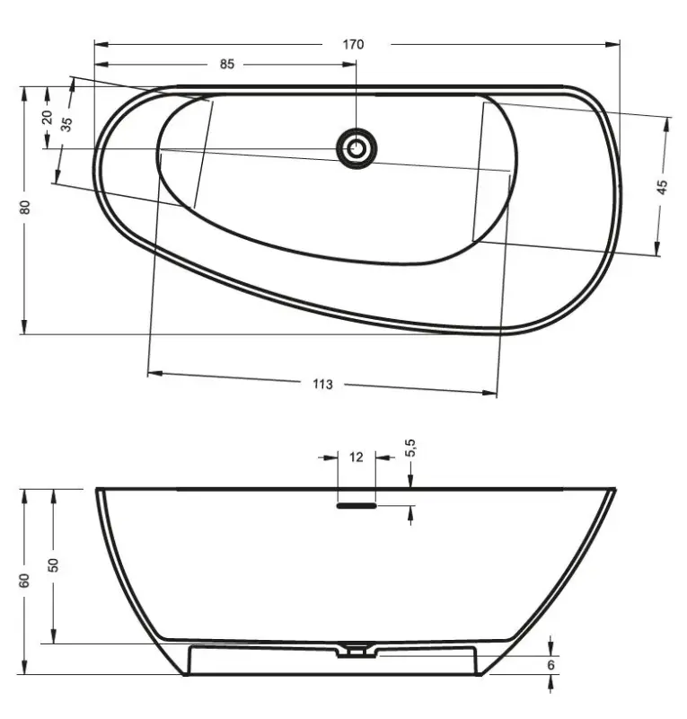 Riho Granada vrijstaand bad 170x80cm LINKS solid surface mat wit BS18005