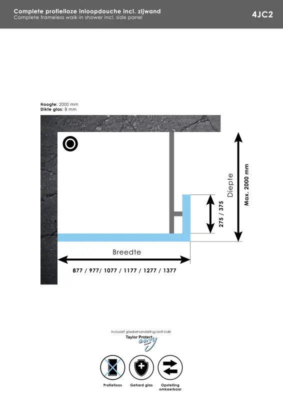 Aquadesign Minimal Inloopdouche met zijwand profielloos 140x30x200 cm helder glas - zwart beslag