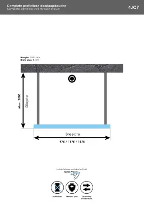 Aquadesign Minimal Doorloopdouche profielloos 100x200 cm helder glas - chroom beslag