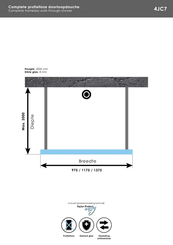 Aquadesign Minimal Doorloopdouche profielloos 120x200 cm helder glas - zwart beslag