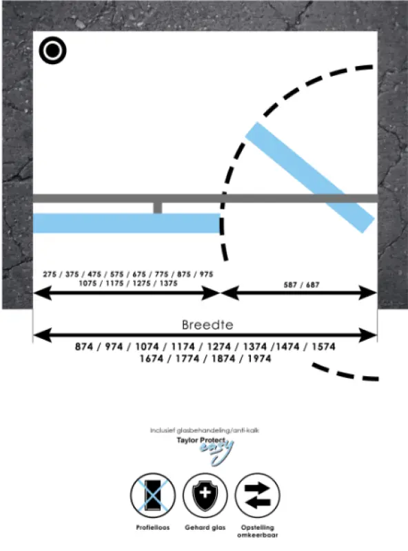 Aquadesign Minimal douchedeur 70cm met vast deel 90cm chroom beslag 160x200cm profielloos