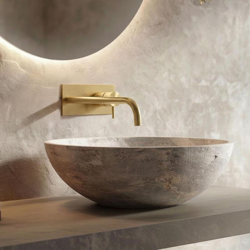 Waterevolution Flow inbouw wastafelkraan met afdekplaat Geborsteld Messing met uitloop 21cm T1161LE-21