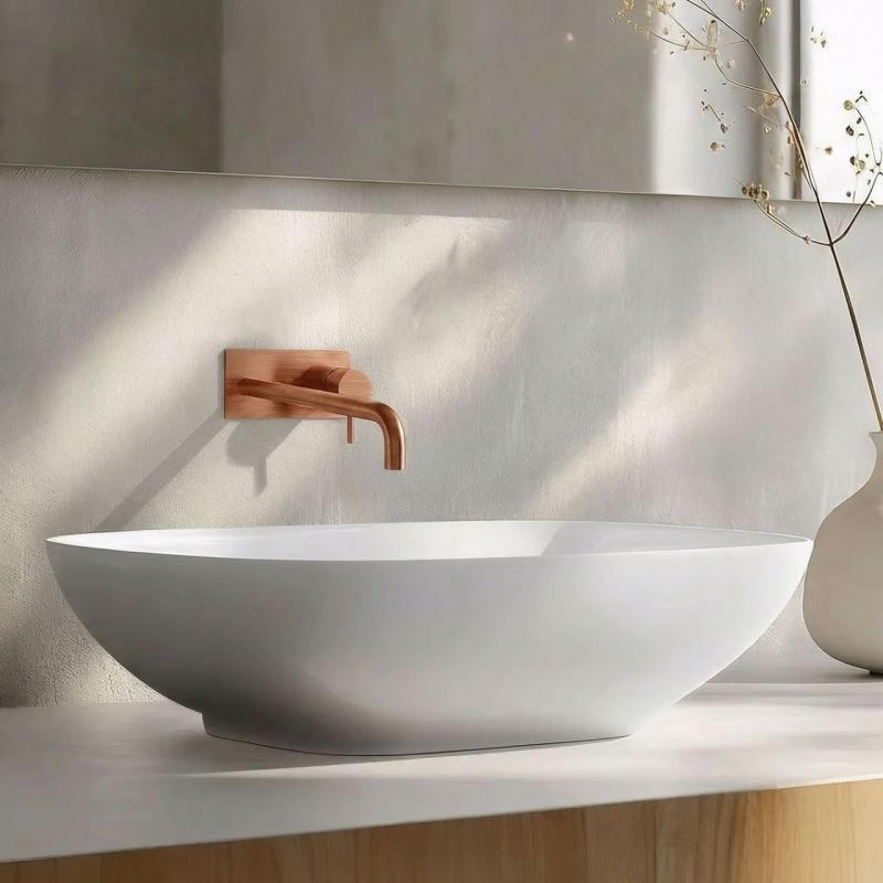 Waterevolution Flow inbouw wastafelkraan met afdekplaat PVD Geborsteld Koper met uitloop 15cm T1161CPE-15