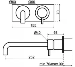 Waterevolution Flow inbouw wastafelkraan met afdekplaat PVD Geborsteld Koper met uitloop 21cm T1161CPE-21