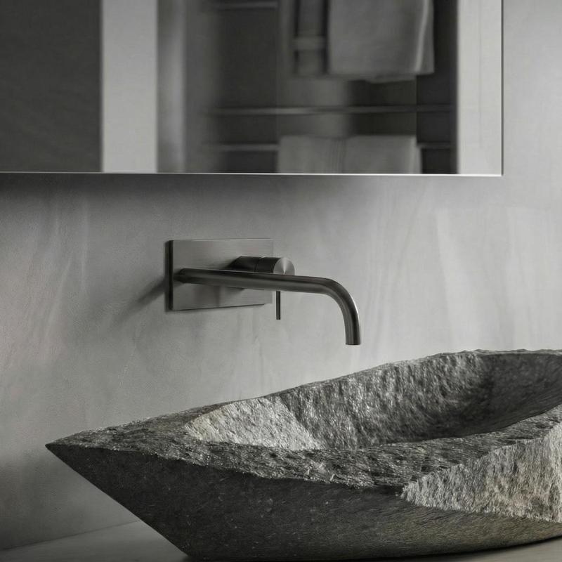 Waterevolution Flow inbouw wastafelkraan met afdekplaat PVD Gun Metal met uitloop 25cm T1161GME-25