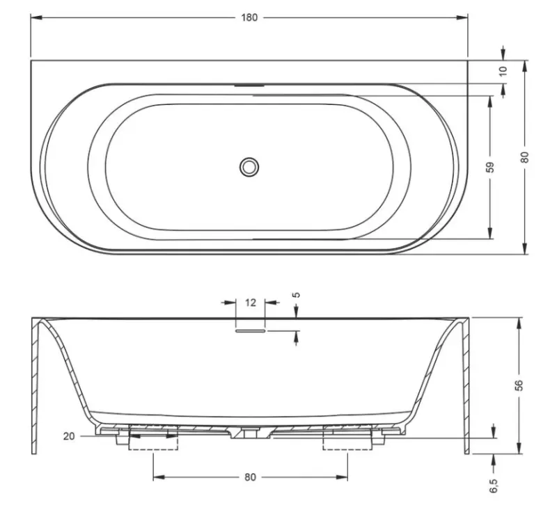 Riho Valor half vrijstaand bad back to wall solid surface ligbad 180x80cm mat wit BS72005