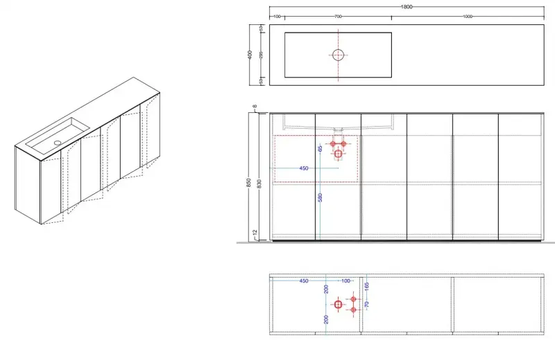 Makro LIGHT30 staand badkamermeubel mat zwart met solid surface wastafel mat wit B180xH85xD40cm