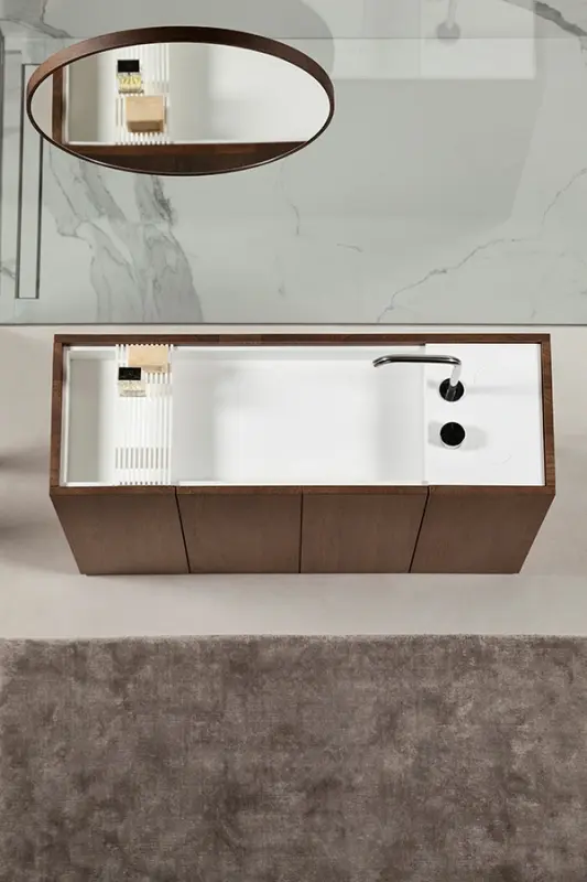 Makro MODULO30 staand badkamermeubel noten fineer met solid surface wastafel mat wit B120xH85xD40cm