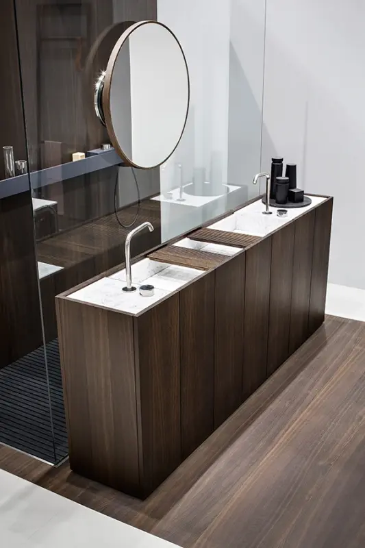 Makro MODULO30 staand badkamermeubel noten fineer met solid surface wastafel mat wit B120xH85xD40cm