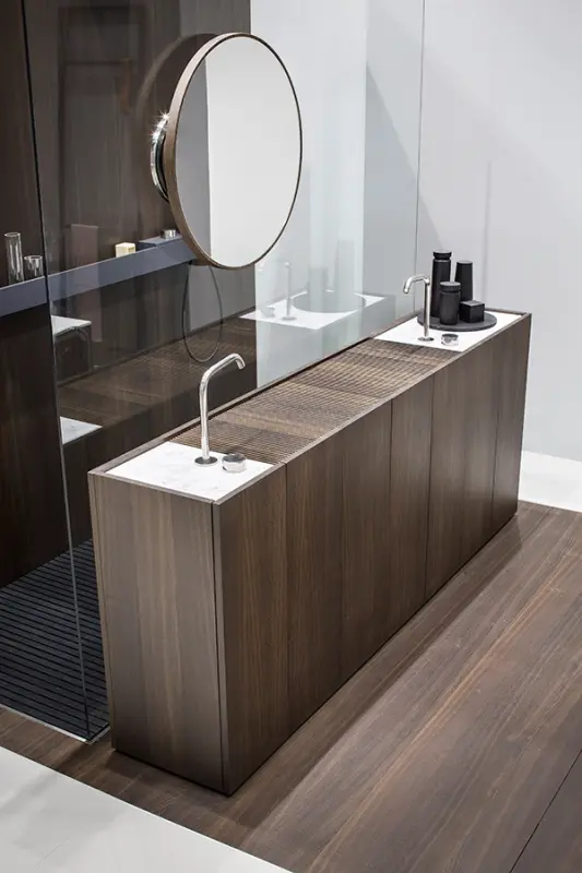 Makro MODULO30 staand badkamermeubel noten fineer met solid surface wastafel mat wit B120xH85xD40cm