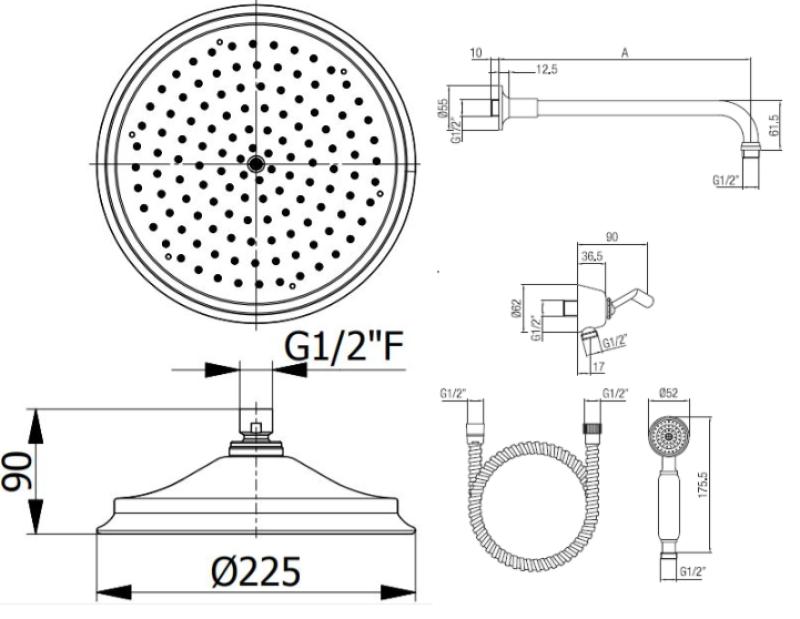 PB classic nostalgische klassieke inbouw doucheset chroom met handdouche en regendouche 225mm 1208953841
