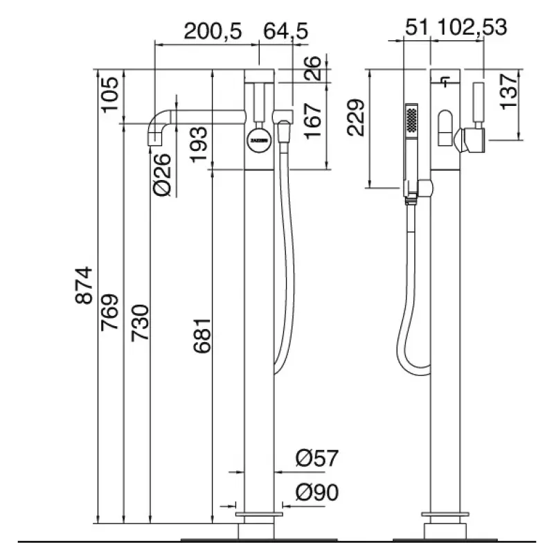 OUTLET Zazzeri Da-Da Mono Vrijstaande badmengkraan MAT ZWART 1208889702