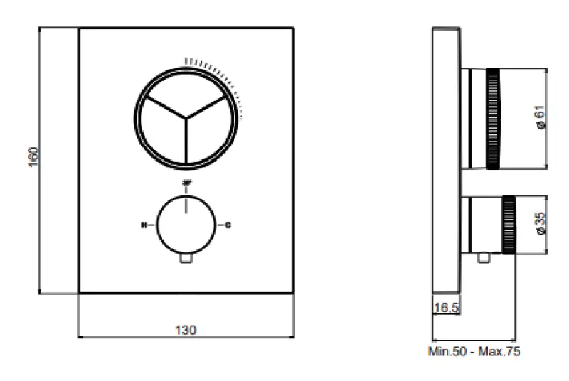 SB Push Square Inbouw thermostaatkraan met drukknop 3 weg omsteller en volumeregelaar RVS 1208955133