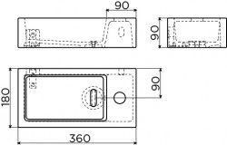 Clou Flush 3 fontein 36cm met kraangat rechts mat wit keramiek	 technische tekening