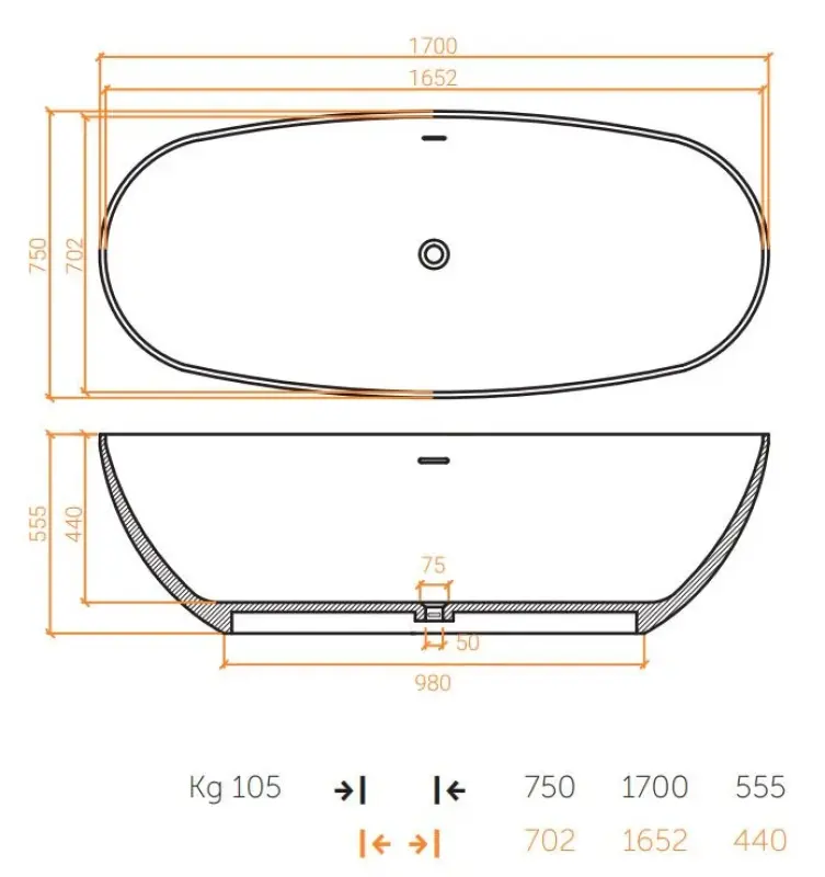 Solid-S Oval vrijstaand ligbad 170x75 mat wit solid surface wit 1208957216