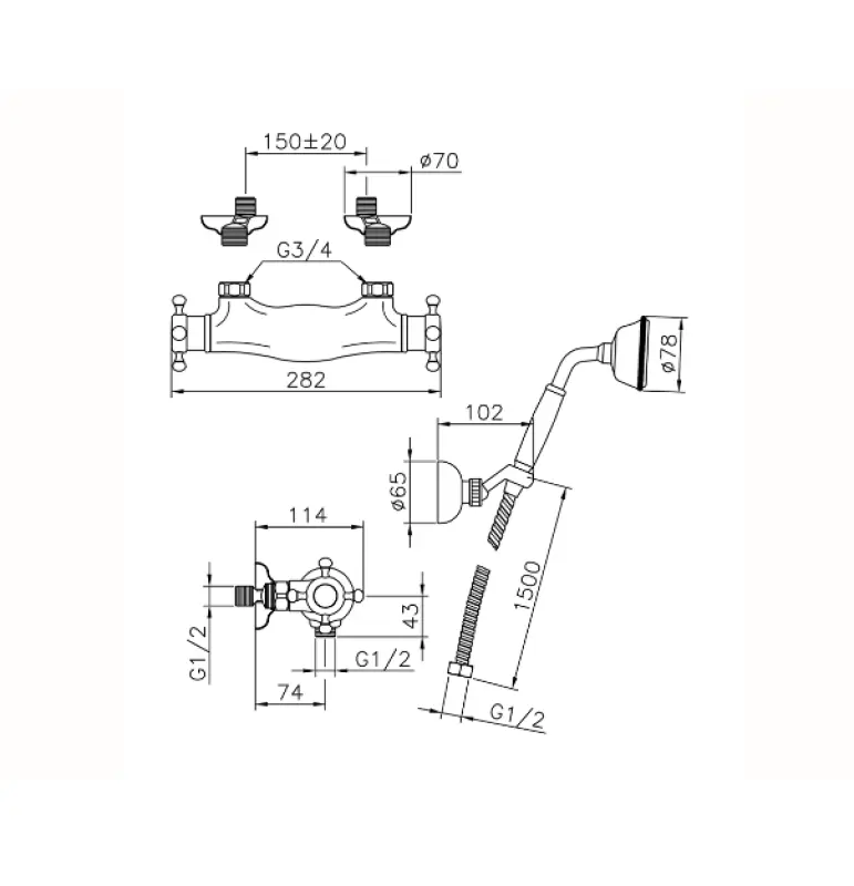 Huber Victorian Thermostatische Douchekraan met handdouche Goud VTD010102G