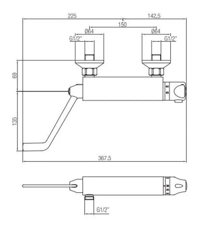 OUTLET  bekrast PB Clinic mindervaliden douchethermostaat met lange hendel chroom 1208956281