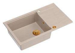 Quadri Luton pearl beige granieten grote opbouw spoelbak met afdruipvlak omkeerbaar 86x50cm met koperen plug 1208971773