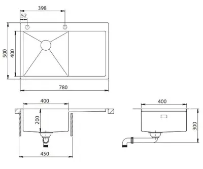 HOEK licht gebogen Ausmann Turt RVS spoelbak met afdruipgedeelte rechts 780x500mm opbouw en vlakbouw 1208971798