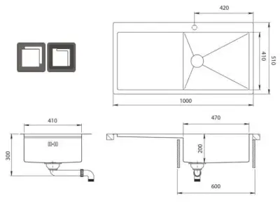 OUTLET SCHADE Ausmann Oder Blue grote rvs spoelbak 100x51cm vlakbouw en opbouw met afdruipgedeelte 1208957123