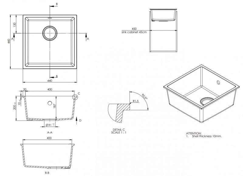 OUTLET GraniteMy Universal Granieten Grijs, donker Spoelbak 40x40 cm  Onderbouw met RVS Plug 1208971810