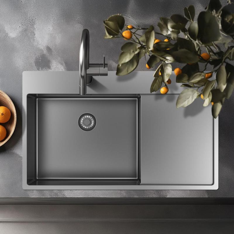 OUTLET Licht Beschadigd Pure.Sink Exclusivo RVS spoelbak met afdruipgedeelte 86x52 cm Tapwing links PEX5086LT-02