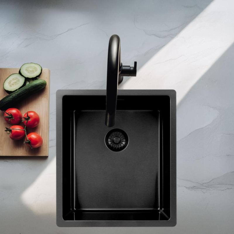 OUTLET Hoeken gebogen Pure.Sink Exclusivo Gun metal spoelbak 34x40 cm 10mm radius onderbouw, vlakbouw en opbouw 1208972446