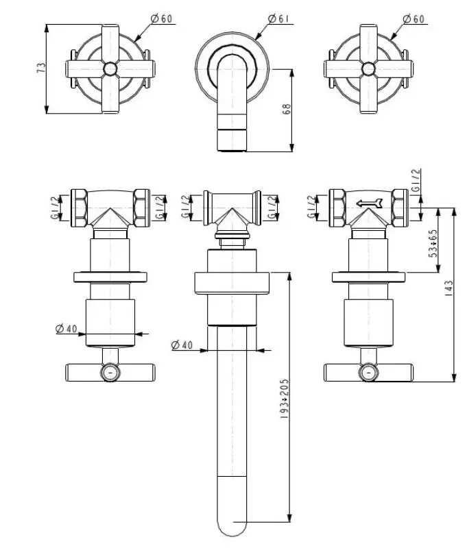 Huber Suite 3-gats wastafelkraan muurbevestiging 266NST01HCR